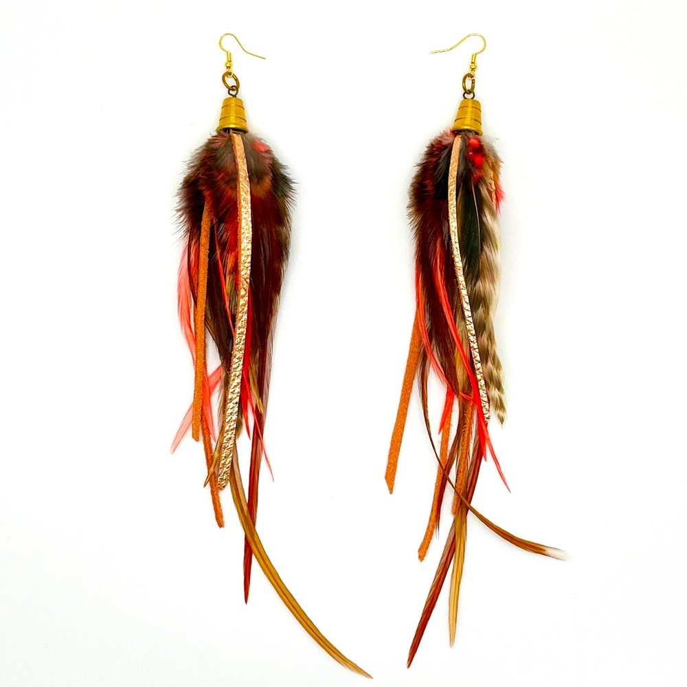 Salmon pink and brown feather earrings with real leather, gold pendants